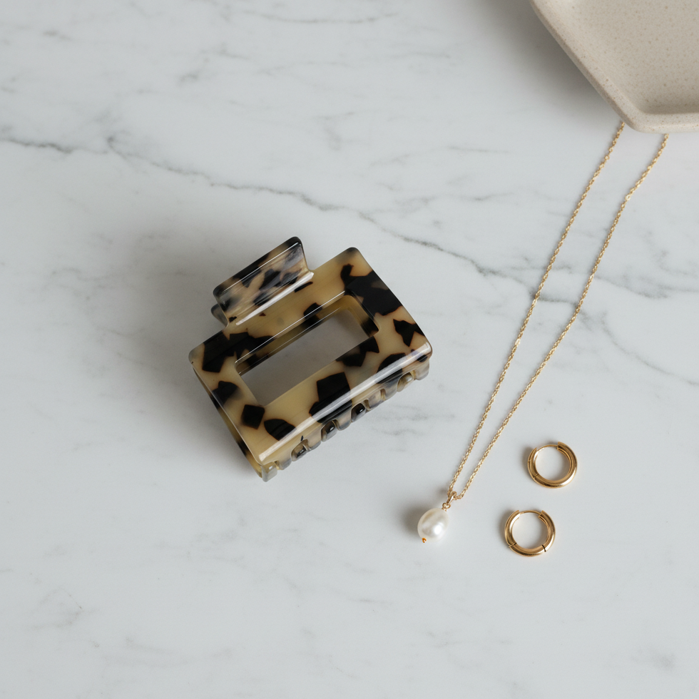 Brown Mini square Hair Clip in Creamy Tortoise
