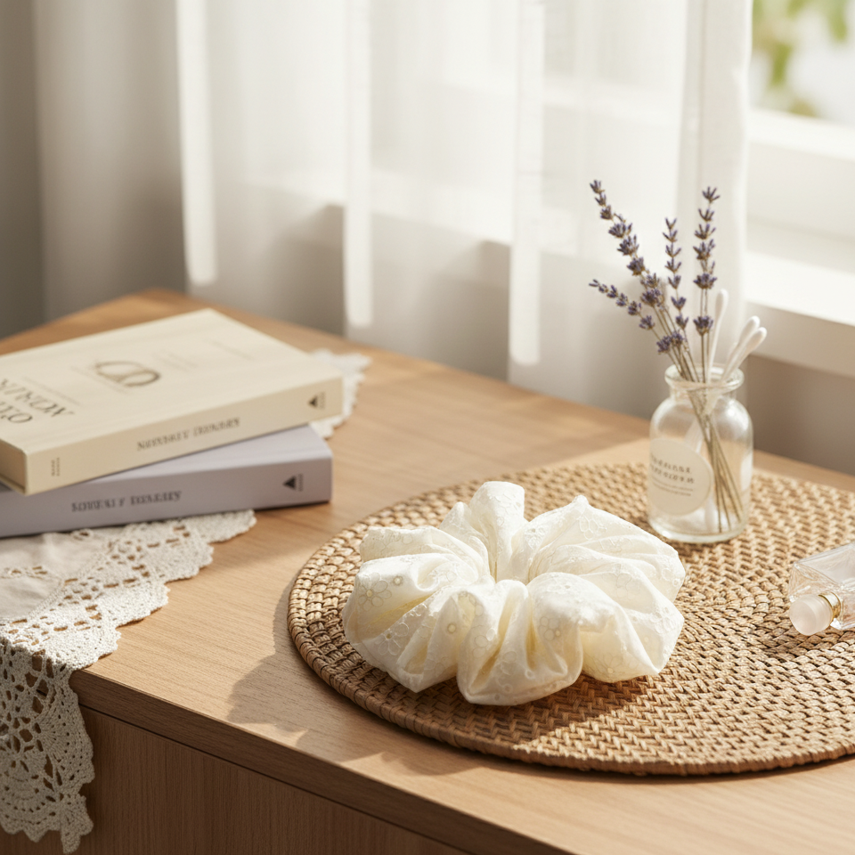 Beige Cloud Eyelet Scrunchie